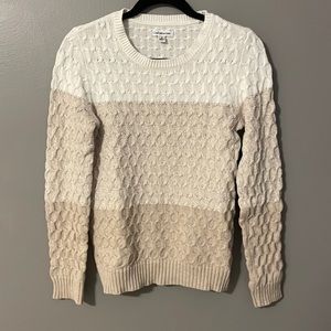 Cute Cable Knit Sweater - Ivory / Tan / Beige Colorblock Pattern